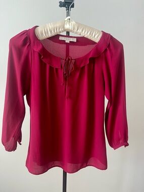 LOFT Ruffle Tie-Neck Boho Blouse in Berry Size XSP